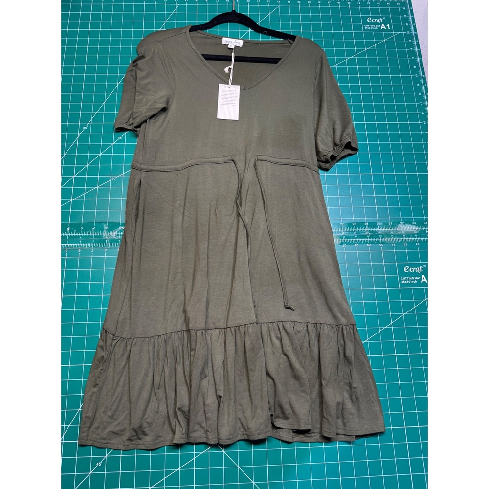 Grace & Lace Womens XS Olive Green V-Neck Tiered Ruffle Hem Drawstring Mini Dres